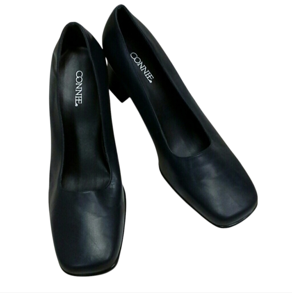 Navy Blue Leather Classic Style Pumps Heels